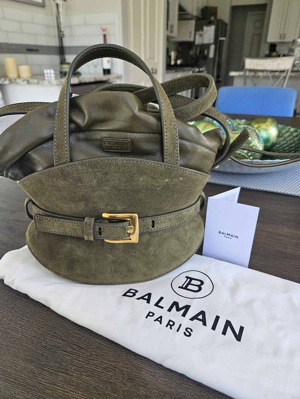 Balmain Khaki Shuffle Mini Belted Top Handle Suede & Leather NWT